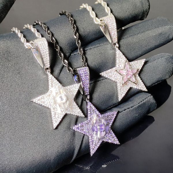 

new designer 5-points stars rotatable charm pendant necklace hip hop women men full paved 5a cz party gift jewelry, Silver