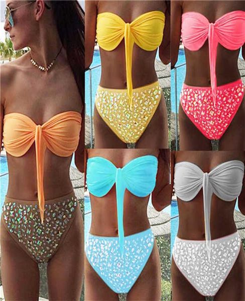 

bandaeu bikinis front tie swimsuit high waist shinestone decoration bottom swimwear bathinsuit beach wear238m3992817