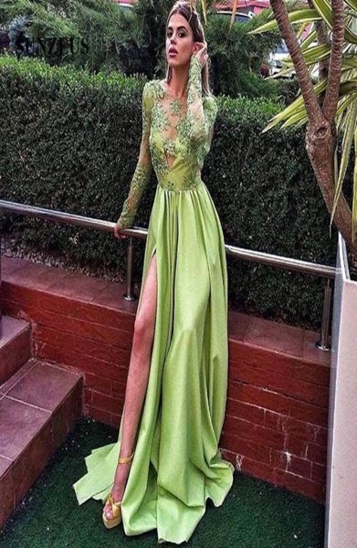 

lime green prom dresses with long sleeves appliques bodice long satin evening party gowns with side slit2630458, Black