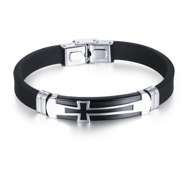 

men's stainless steel and black silicone trendy cuff bracelet with charm gifts for him1712102, Golden;silver