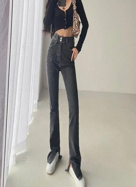 

slim jeans with high waist and floorlength slit01234566389877, Blue
