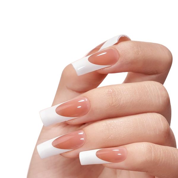 

press on nails french tip nail tips long square, coat tips with pre-applied tip primer & base coat cover, Red;gold
