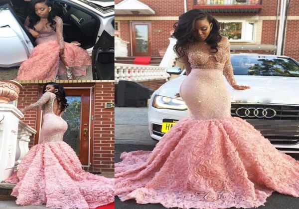 

south african pink long sleeve prom dresses see through sheer neckline mermaid evening gowns open back formal vestidos party 8136358, Black