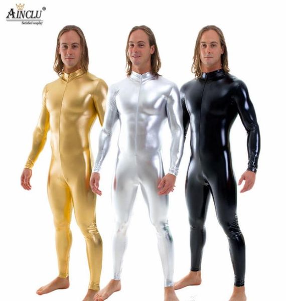 

ainclu mens black shiny catsuit stretch front zipper zentai jumpsuit muscle leotards mens stage performance costumes bodysuits3236589