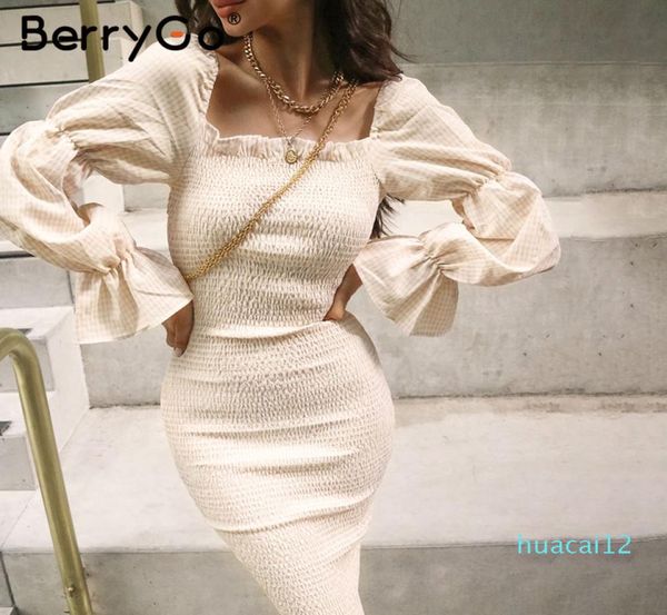 

berrygo knitted off shoulder party elegant plaid puff sleeve women dress streetwear ladies autumn winter vestidos1375454, Black;gray