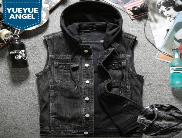 

autumn new mens washed denim vest jacket hoody single breasted cowboy jeans waistcoat slim fit tank plus size biker outerwear5976091, Black;white