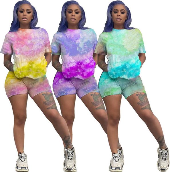 

summer clothing women tracksuits shorts two piece set tie dye outfits letter sweatsuits short sleeve tshirt shorts casual jogger 8202994, Black;gray