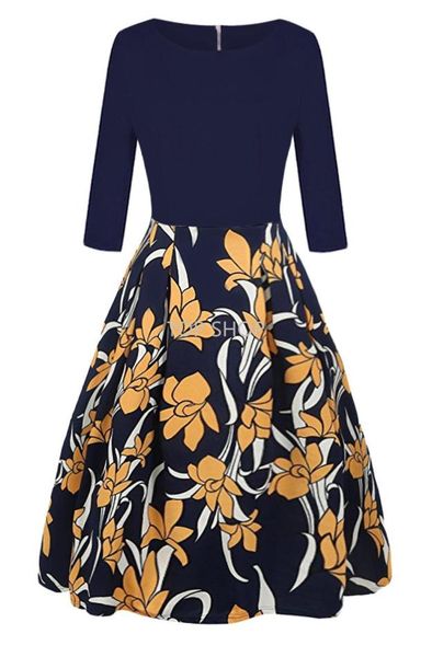 

2 days delivery women retro vintage dress 50s 60s three quarter sleeve printed midi rockabilly party dresses vestidos vintage fs22063801306, Black;gray