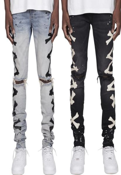 

men039s jeans bone pattern patchwork jean hombre motorcycle pants fall streetwear ripped jean noir homme zipper pant for men1723671, Blue