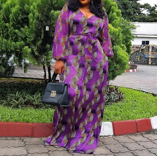 

purple pattern printed vneck floorlength maxi dress african women lace up casual loose autumn fall long sleeve ladies dresses y28526201, White;black