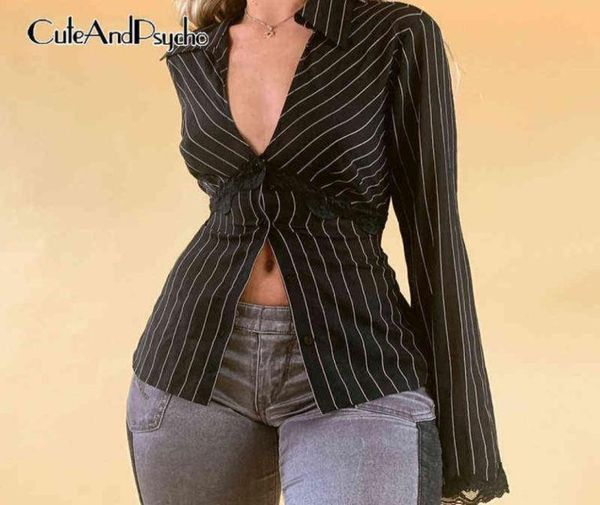 

lace patchwork y2k retro tshirts button up striped print grunge fairycore outfits aesthetic 90s cute vintage cloth cuteandpsycho a7168251, White