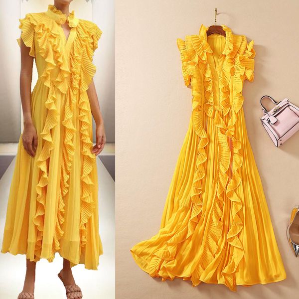 

high-quality runway style ruffled stitching pleated holiday dress, Black
