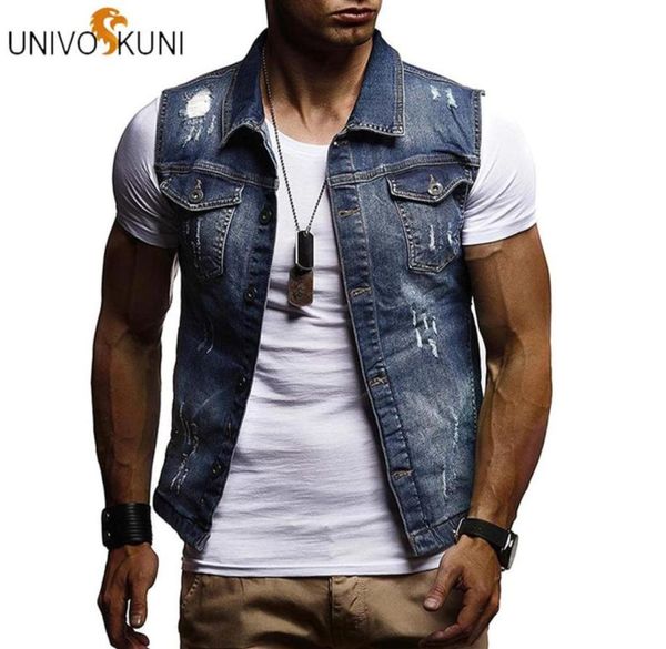 

univos kuni denim vest mens jacket sleeveless casuavintage waistcoats mens jean coat ripped slim fit male jackets cowboy j5252543201774, Black;white