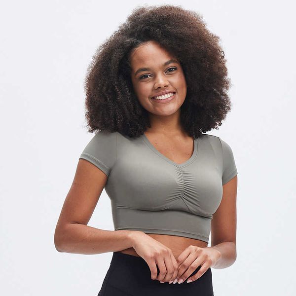 

v-neck yoga short sleeve suit women's elastic sports fitness t-shirt naked gym tight training fitness shirt, White