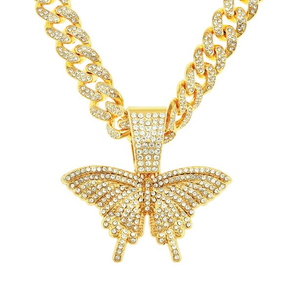 

hip hop men rapper diamond pendant necklace shiny butterfly pendant micro-inset zircon jewelry night club accessory sweater collarbone cuban, Silver