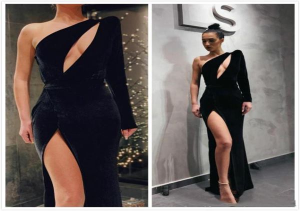 

black velet long prom dresses with high side split one sholder long sleeves floor length formal red carpet wears custom made1802140