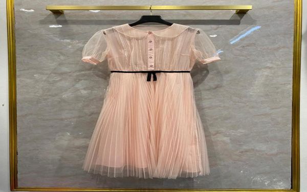

2021 blackpink long women dress milan runway peter pan collar short sleeves dress buttons lace lining silk runway gown 2021268292020, Black