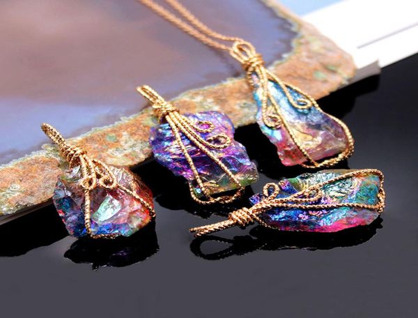 

wire wrapped chakra colorful electroplated raw stone quartz pendant healing crystal energy necklaces fashion women men jewelry who5765230, Silver