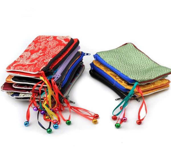 

bell small zip jewelry gift bags coin purse card holder whole storage pack silk brocade cloth packaging pouch with lined 50pcs6978170, Pink;blue