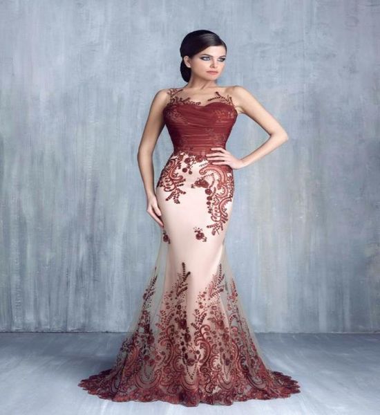

tony chaaya dresses evening wear sheer bateau neckline appliqued evening gonws mermaid sweep train beaded tulle formal dress3485074, Black;red