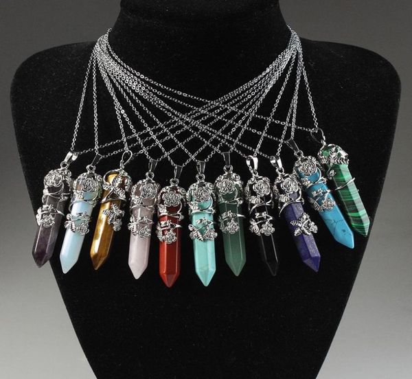 

natural healing stone crystal pendulum necklace pink rose quartz chakras hexagon prism leaf flower pendant for gift jewelry8553966, Silver