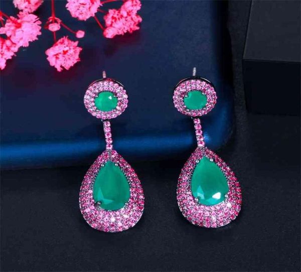 

cwwzircons micro pave pink cubic zirconia green emerald dangle water drop silver engagement party earring for women cz868 2106246589636