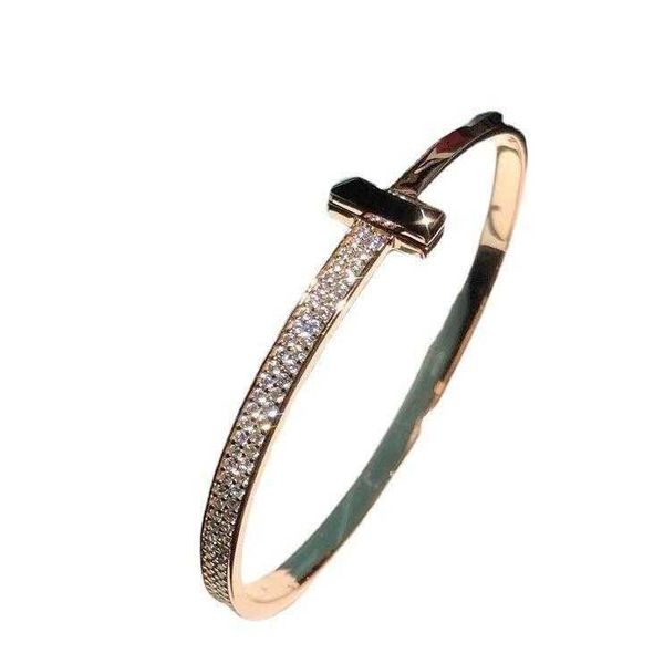 

r new tiffay t1 bracelet 925 pure silver plated 18k gold set with diamonds wide version t1 half full of diamonds rough version bracelet and, Black