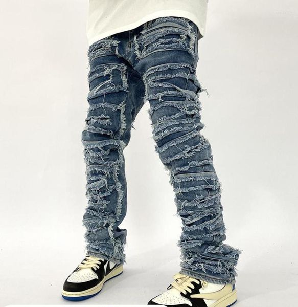 

men039s jeans denim jean retro hole ripped distressed straight washed harajuku hip hop loose trousers3645285, Blue
