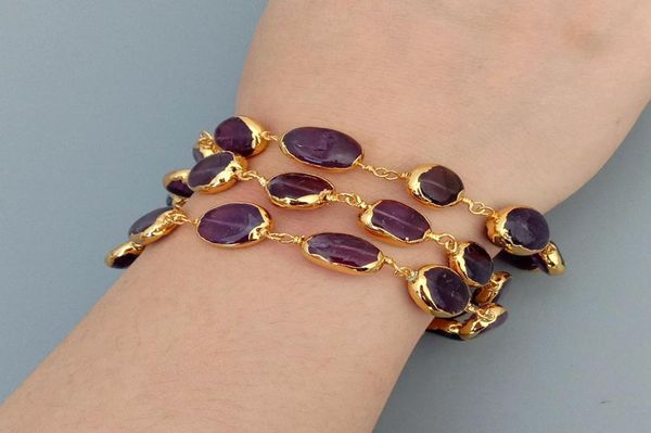 

yygem 3 strands natural amethyst oval pave with electroplated edge wrap bracelet 8quot8146511, Golden;silver