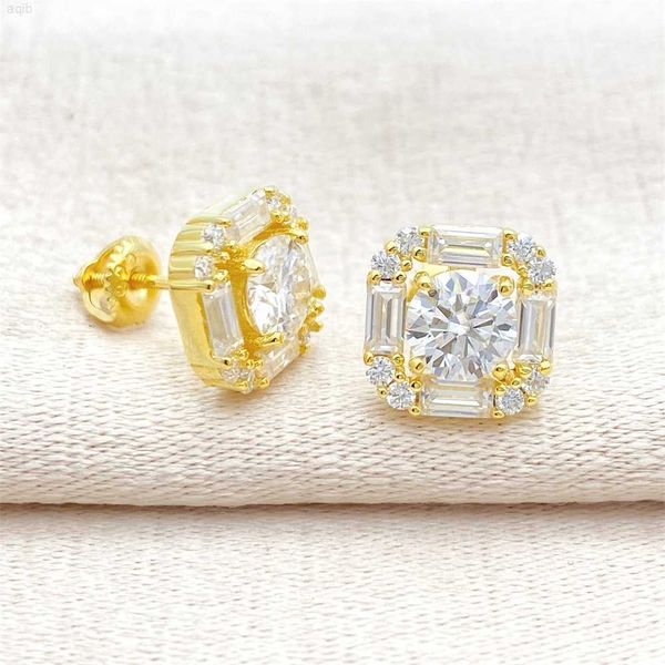 

luxury moissanite jewelry hip hop screw back earring 925 silver vvs baguette moissanite stud earrings, Golden