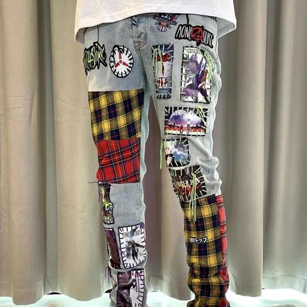 

2023ss new washing water distressed patch stitching fashion jeans, Black;brown