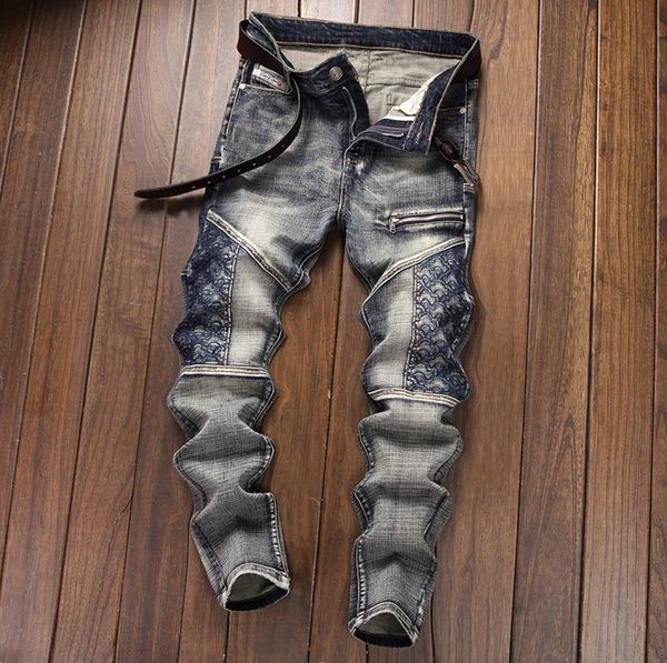 

blue biker men039s jeans distressed stretch ripped motorcycle pants hip hop streetwear fashion slim fit holes punk denim cotton8800677