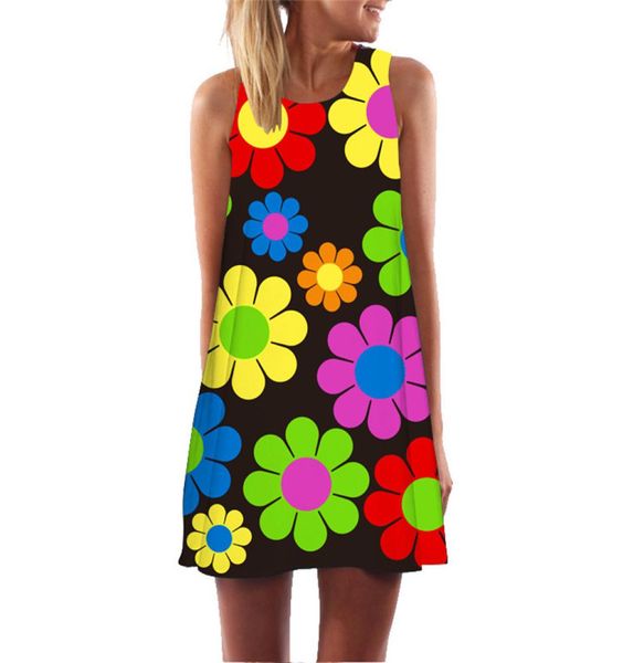 

women summer boho beach mini dress print vintage a line loose chiffon casual dresses sleeveless tank3781262, Black;gray