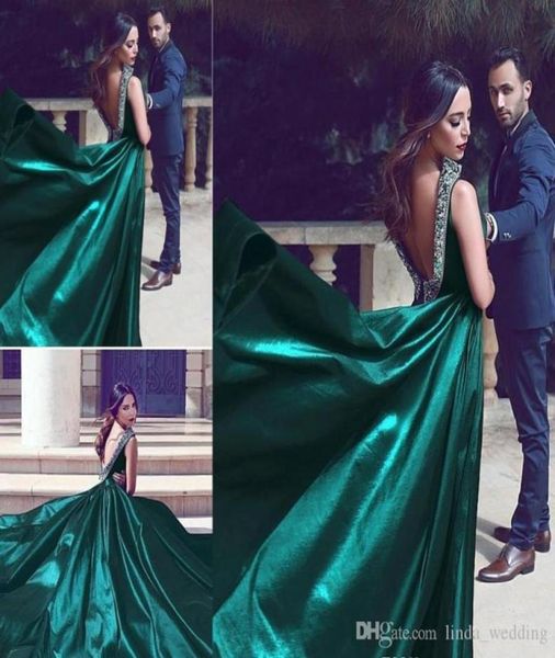 

2019 mhamad said arabic dubai evening dress a line deep v cut backless satin long formal wear party gown custom made plus size8398346, Black;red