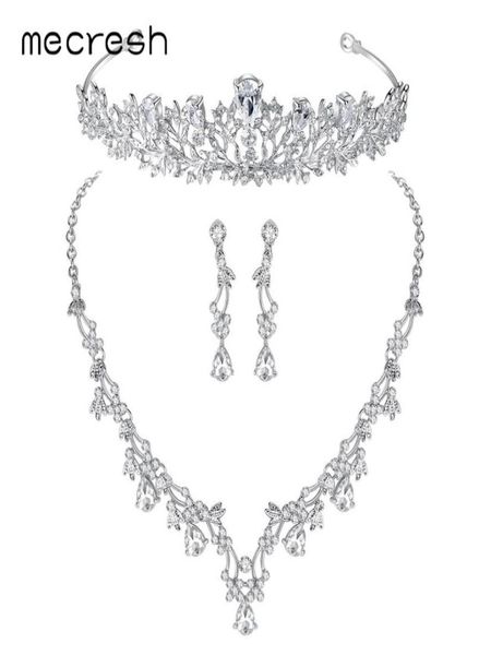

mecresh luxury leafshape cubic zirconia bridal jewelry sets crystal wedding necklace earrings tiara jewelry mtl500hg126 d1810100333351406, Silver