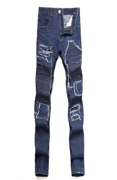 

men039s patchwork spliced ripped denim jeans male fashion slim colored patch zipper fly straight pants 6752181, Blue