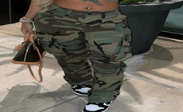

lw plus size camo print side pocket cargo pants camouflage mid waist casual women camo pants regular leisure lady pants7900061, Black