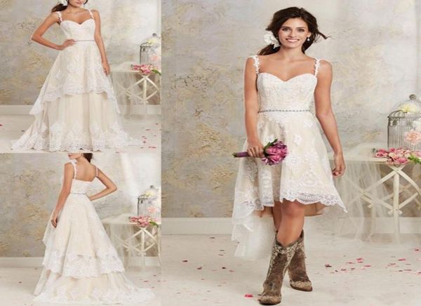 

lace country wedding dresses with detachable train high low short bridal dress gown floor length multi layers garden bohemian wedd7547580, White