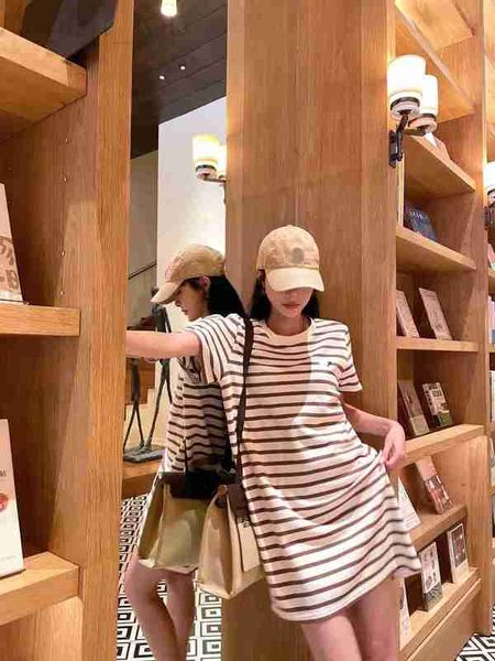 

basic & casual dresses designer p family 23 new striped round neck short sleeve metal inverted triangle small emblem dress suitable for all, Black;gray