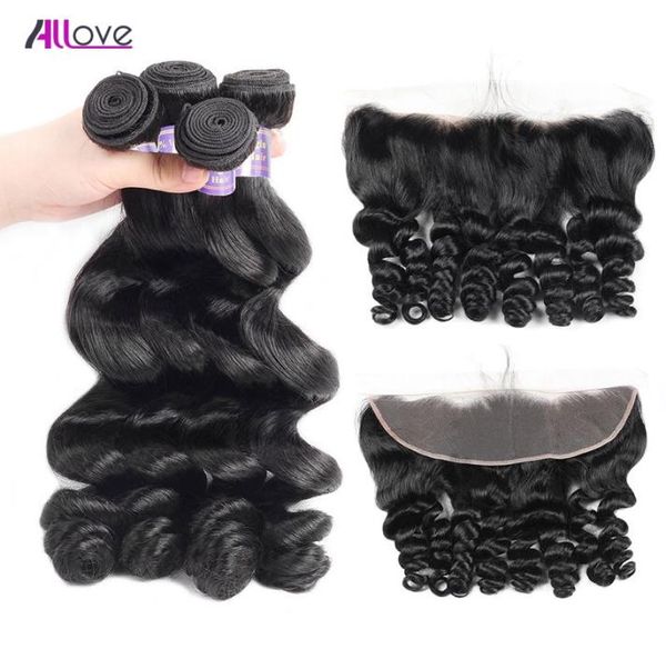 

allove whole brazilian human hair bundles weaves loose wave with 13x4 lace frontal closure 4pcs extensions for women all ages 9751557, Black