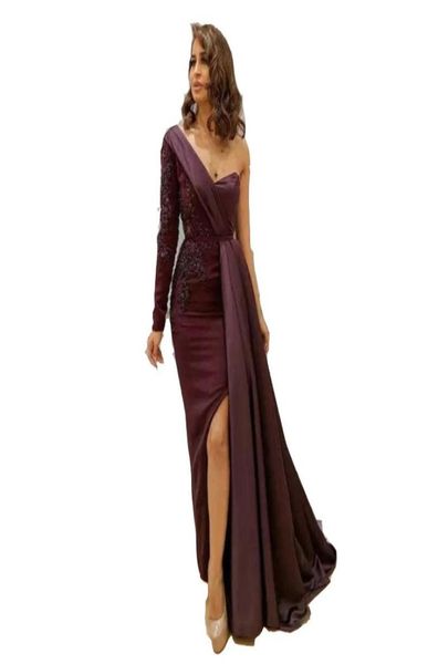 

long evening prom dresses with sleeves one shoulder sheath appliques lace dress elegant satin latest design formal gown side slit 3931785, Black;red