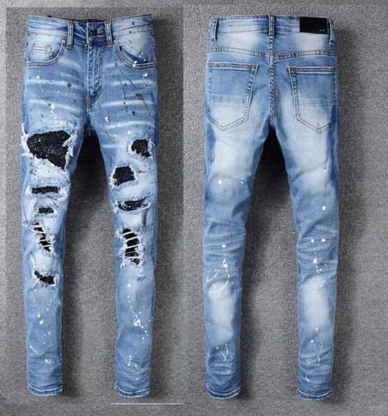 

fashion men039s jeans runway slim racer biker jeans 1153 hiphop skinny men denim ripped joggers pants male wrinkle jean trouse1043610, Blue