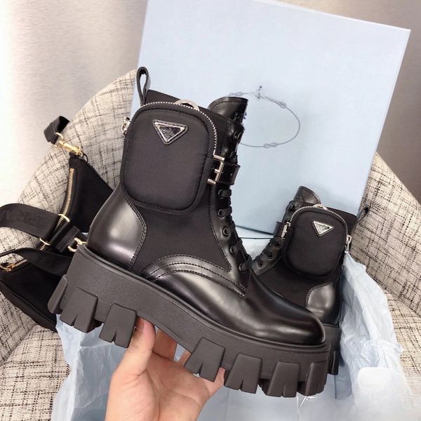 

designer women's boots letter triangle printed logo chunky heel shoes matte bright leather classic style boots small pocket boat martin, Black