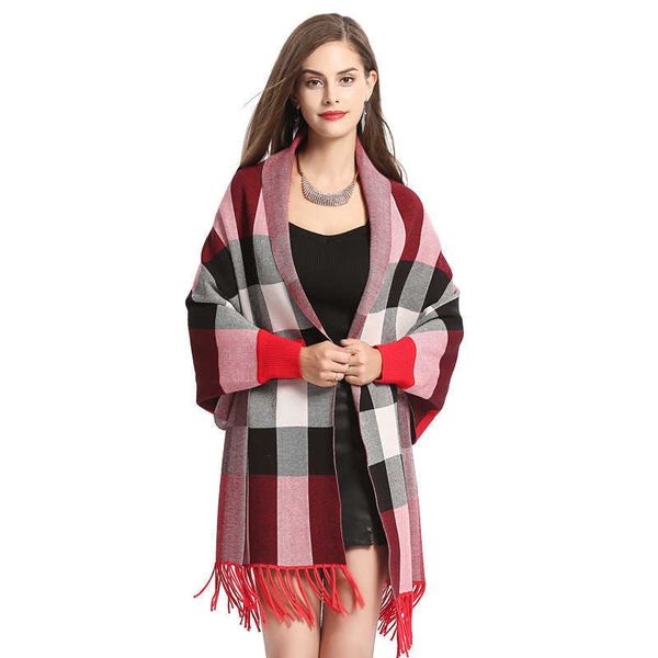 

casual brand b urbbery scarf online shop 2023 spring wear new plaid shawl tassel bat sleeve knit cardigan scarf, Blue;gray