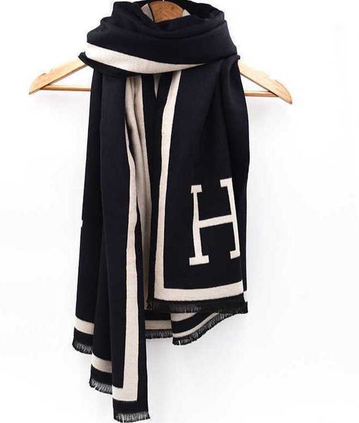 

2023 autumn winter new korean version high grade double sided h letter imitation cashmere fringe scarf women's thickened warm shawl 61a, Blue;gray