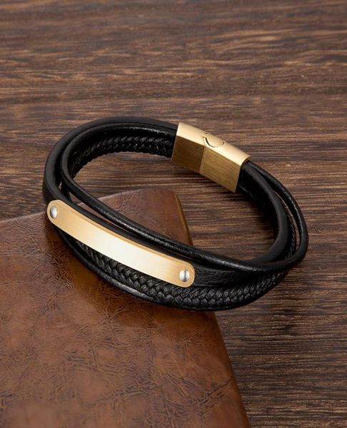 

bracelet for men fashion stainless steel multilayer leather rope bangles magnetic clasp charm jewelry whole man accessories35573503736541, Golden;silver