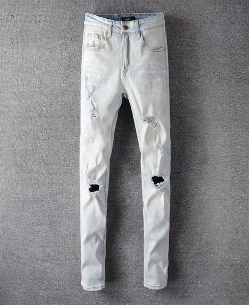 

2022 summer new designer teach mens jeans us casual hip hop high street worn out and worn washed light blue slim fit pants 6501569257