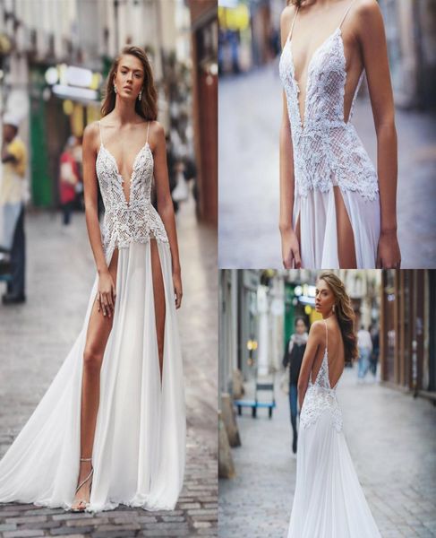 

spaghetti strapless boho wedding dresses with thigh high slits 2020 lace applique beach wedding gowns robe de mariee7315184, White