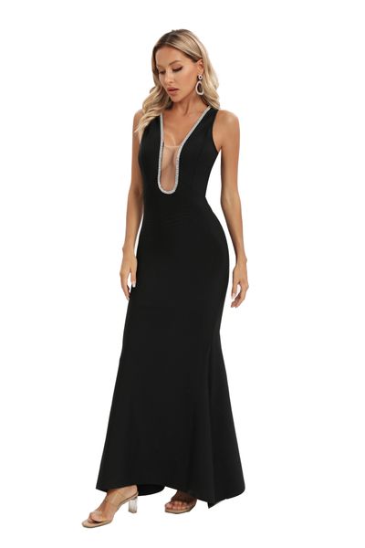 

sleeveless deep v-neck mesh set diamond fishtail dress european and american women's bandage long skirt, White;black