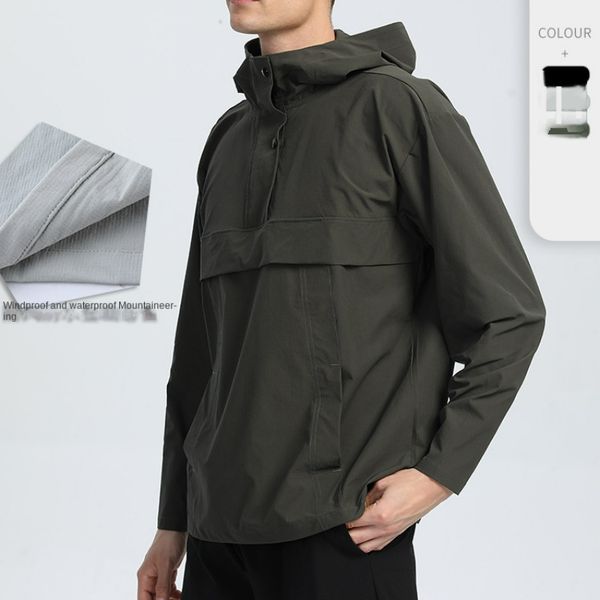 

men's trench coats spring and summer outdoor sports climbing windproof warm nylon coat hooded elastic fitness running long sleeve 23080, Tan;black